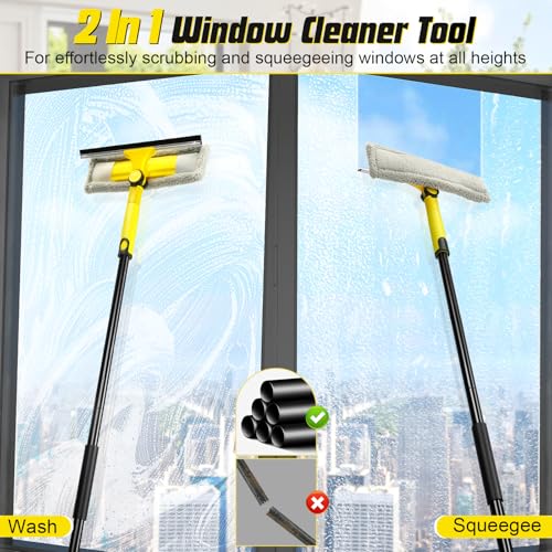 Image of Professional Window Squeegee with 60 inch Extension Pole for Home | 2 in 1 Squeegee for Window Cleaning with Scrubber / Rotatable Head for Car Glass Shower Indoor & Outdoor High Windows