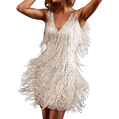 BBIQI Vestido colado ao corpo com lantejoulas e lantejoulas, sexy dos anos 20 com franjas, decote em