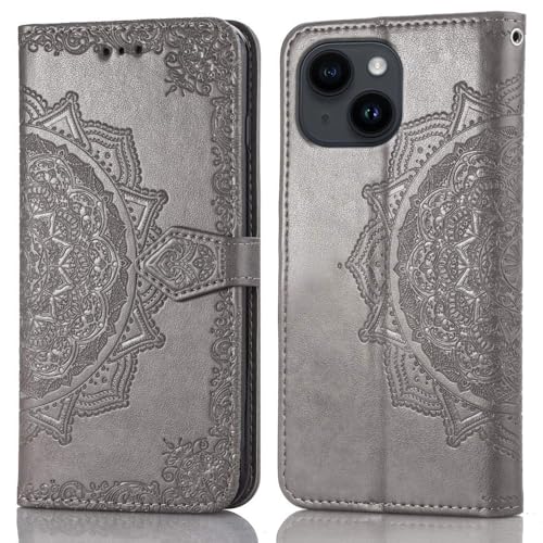Image of ClickCase Queen Series for iPhone 15 Plus Leather Flower Embossing Wallet Flip case Magnetic Closure Flip Cover for iPhone 15 Plus (Grey)