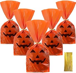 50 Pieces Halloween Favor Bags Pumpkin Smile Pattern Flat Cellophane Treat Bags Halloween Plastic Party Bags for Bakery, Popcorn, Cookies, Candies and Dessert with 100 Pieces Gold Twist Ties