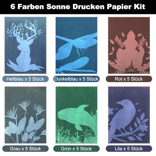 Annickee 30 Stück Cyanotypie Papier Kit, Sonnendruck Papier, Sonnendruckpapier Kit mit 4 Halteklammern, Naturdruckpapier, Solar Fotopapier Sun Art Paper Für Kinder Erwachsene Diy Zum Basteln