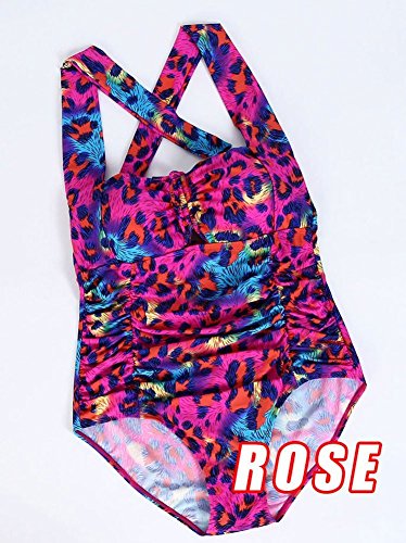 QZUnique Women's One Piece Bathing Suit Tummy Control Swimwear Halter Ruched Swimsuit Plus Size Vintage Push Up Monokini 07 Rose Red Leopard/X-Large - Thumbnail 2