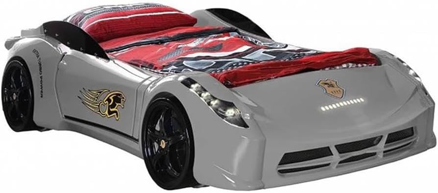 Pemberly Row TT Twin Race Car Bed with Remote Control, LED Lights & Engine Sound Effects, Wood Frame, No Mattress Included, Gray