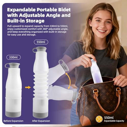 Image of Hibbent Portable Bidet for Travel, High Pressure Electric Handheld Bidet Sprayer, 350-550ML Expandable Bottle for Personal Hygiene, USB-C Rechargeable Waterproof Sprayer for Women & Men, Purple