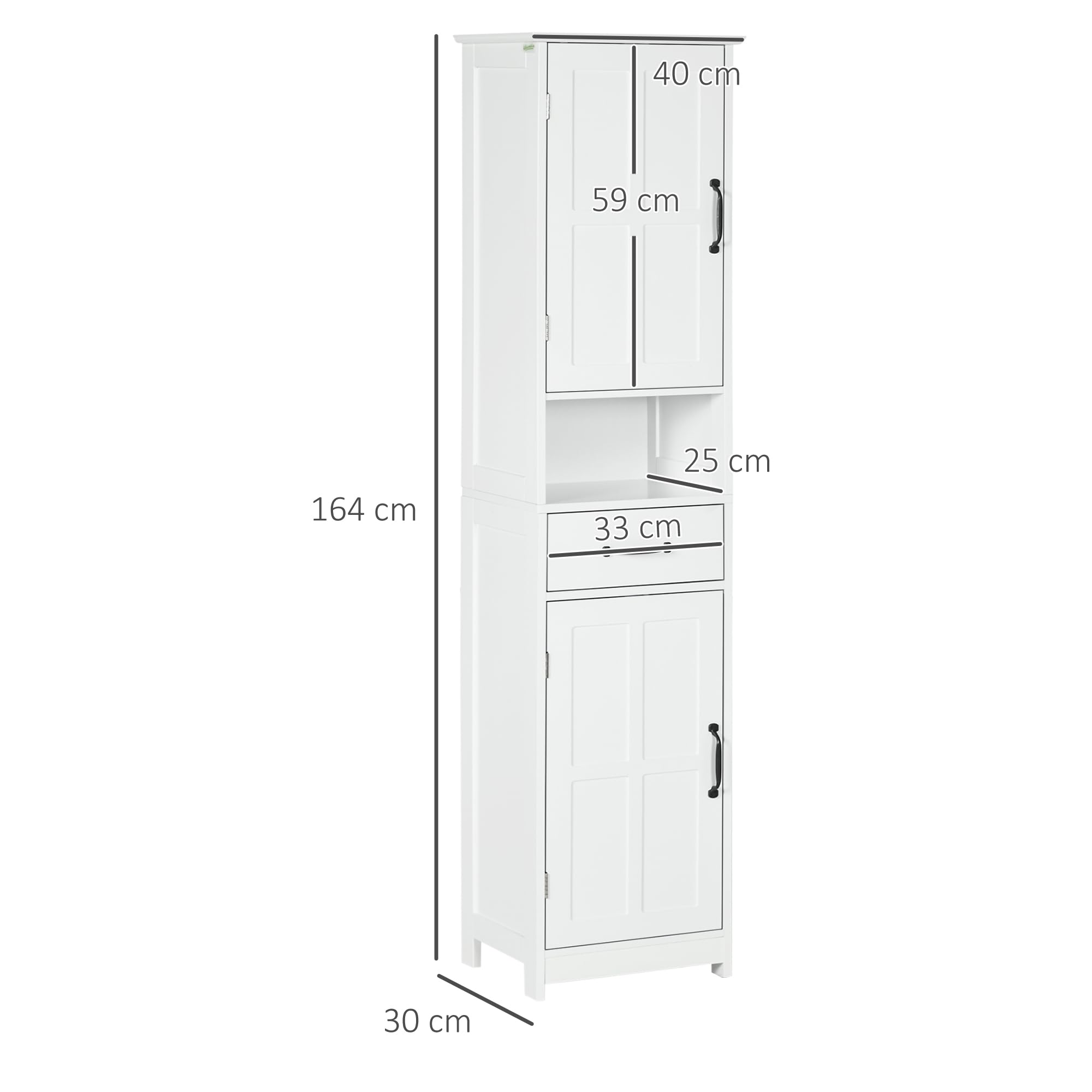 kleankin Columna de Baño Armario de Baño Alto con 2 Puertas 1 Cajón Estante Abierto y Estantes Ajustables Antivuelco 40x30x164 cm Blanco