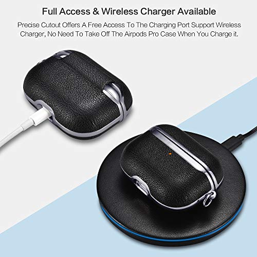 Image of AirPods Pro Case Cover, ICARERSPACE Portable Black Leather Cover Case with Carabiner for Apple AirPods Pro Charging Case [Front LED Visible] [Support Wireless Charging] - Gun Black Plated