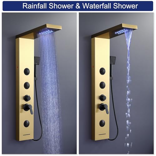 ROVATE 6 in 1 LED Rainfall Waterfall Shower Panel Tower System Brushed Gold by ROVATE - Used condition - Image 5