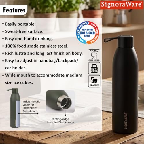 Image of SignoraWare Laguna Vacuum ISI Certified Stainless Steel Bottle,(500ml, Black), Airtight & Leakproof, Retain Freshness For Hours, Ergonomic Design, Ideal for School, Office, Gym Or Outdoors