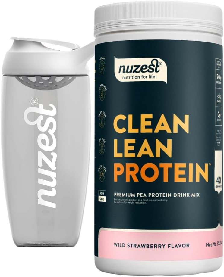 Nuzest Vegan Pea Protein Powder - Clean Lean Protein 40 Servings 20g Protein, Strawberry Protein Shake Mix + Sports Shaker Bottle 24oz