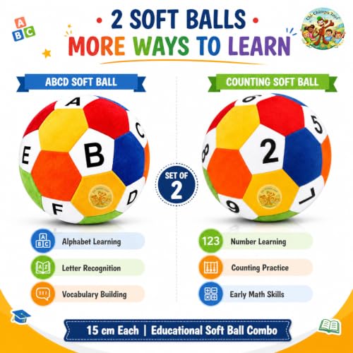 Image of ABCD & Counting Soft Ball Pack of 2, Ball 15 cm Educational Learning Balls for Kids, Alphabet & Number Learning Toy, Colorful Soft Activity Ball for Boys & Girls