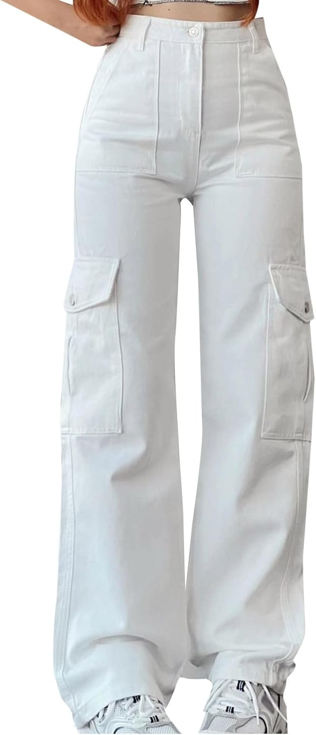 Women's High Waisted Cargo Pants Baggy High Waisted Parachute Pants with Pockets Wide Leg Y2K Streetwear Casual Pants