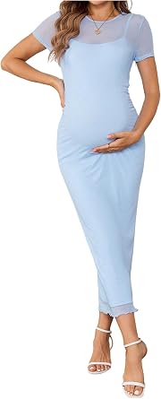 OYOANGLE Womens Maternity Sheer Short Sleeve Bodycon Dresses | Crew Neck, Baby Shower, Wedding Guest, Photoshoot, Summer, Pregnancy Bump Friendly Midi Dress