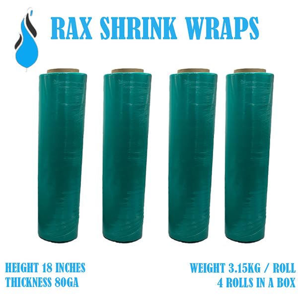 RAX Industrial Stretch Wrap Film, 18 inch x 1500 Feet, 80 Gauge, Black, 4 Rolls (Semi Transparent Green)