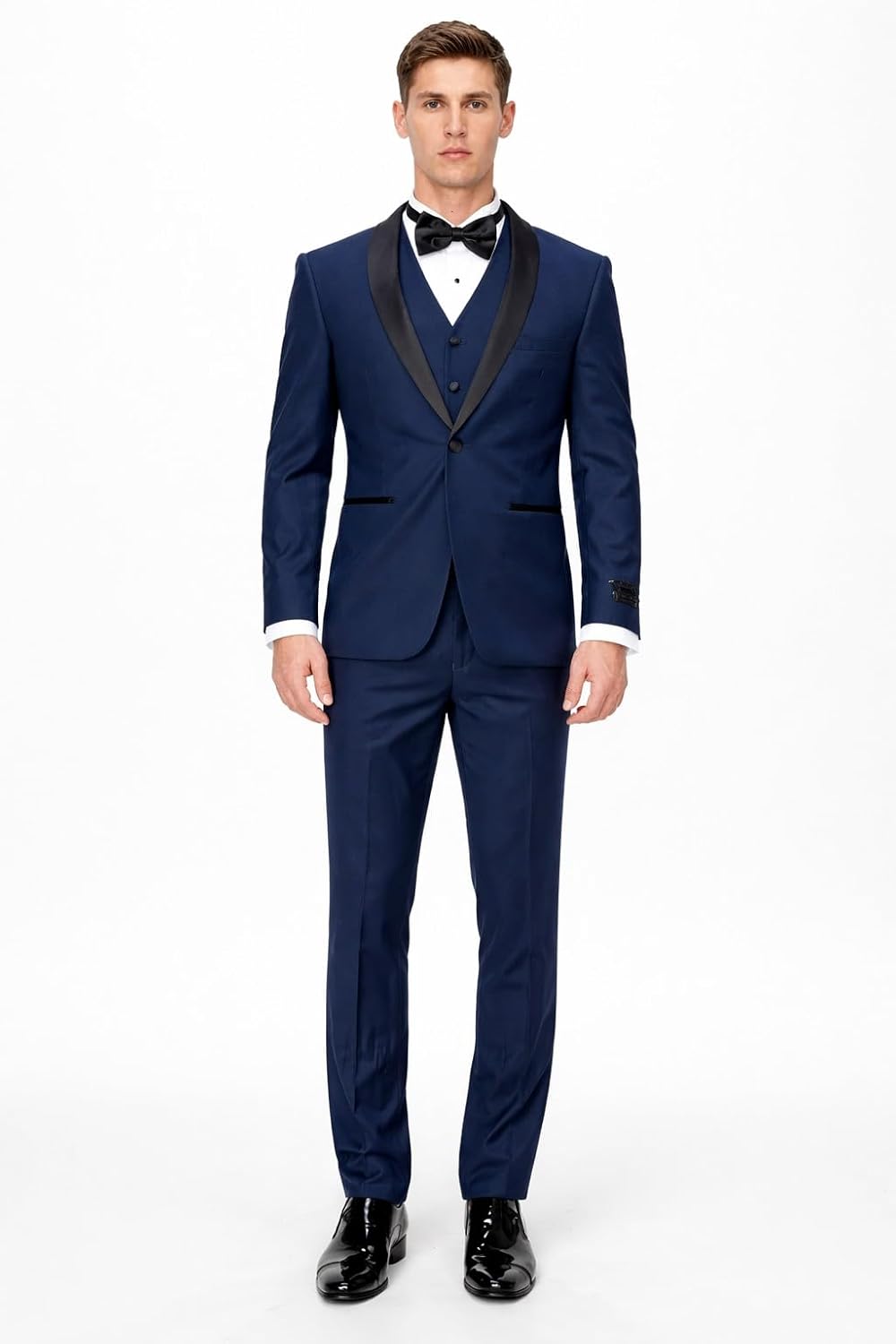 Modern Luxury Prom Suits (34 Short, Navy Blue with Black Shawl Lapel with Matching Navy Pants)