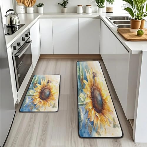 Tapetes de cocina antideslizantes e impermeables con diseño de girasoles acuarela Mexpekil 3
