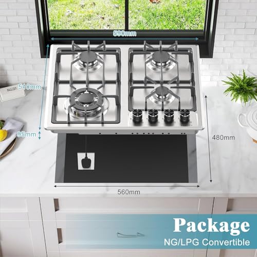 Noxton Gas Cooktop 24 Inch, 4 Burners Gas Stove Top, LPG/NG Dual Fuel
