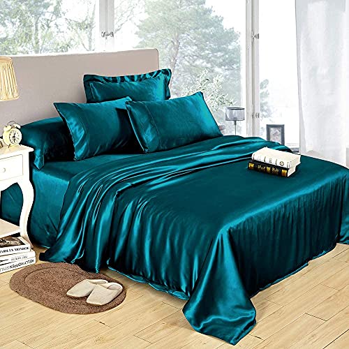 Lilysilk Mulberry Silk Sheets 4 Piece, 19 Momme Silk Bed Sheets, 1 Flat Sheet, 1Fitted Sheet And 2 Oxford Silk Pillowcases, Silk Bedding Set 100% Top 6A Grade Oeko-Certified, Dark Teal, Queen Size #TOP5