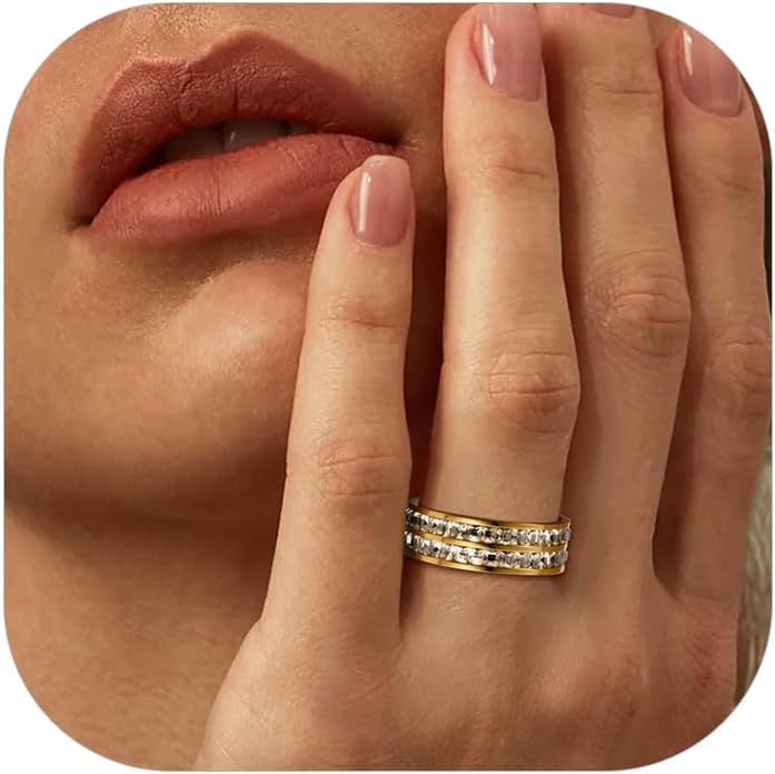 Dazzling Cubic Zirconia Band Ring for Women, Hypoallergenic Stainless Steel Titanium Women Finger Thumb Ring in Silver/Gold Tone, Wedding Eternity Band Infinity Love Ring for Her
