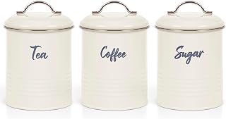 EHC Set of 3 Airtight Tea Sugar and Coffee Storage Canister Jars, Cream