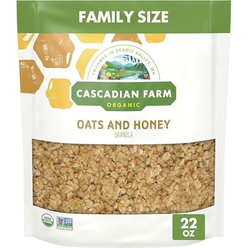 Image of Cascadian Farm Organic Oats and Honey Granola, Resealable Pouch, 22 oz | Whole Grain Oats & Golden Honey, 35g Whole Grain, 3g Fiber, Non-GMO Verified, Ideal Lunchbox or Office Snack, Family Size