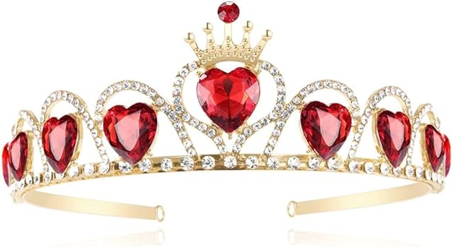 Red Heart Tiara Descendants Costume Headdress Queen Of Hearts Gold Crown For Girls Teens Halloween Parties/NOPEILVI