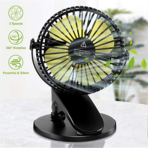 Aurho Battery Operated Clip on Fan, Baby Stroller Fan with 3 Speeds 360° Rotation Rechargeable Battery USB Powered Quite Mini Desk Fan for Office, Home, Gym, Dorm, Camping, Travel, Indoor and Outdoor