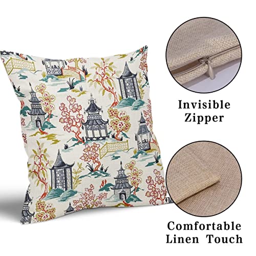 Chinoiserie Pillow Covers 18 X 18 Inch Set Of 2 Pagoda Throw Pillow Covers Linen Square Pillow Chinoiserie Chic Asian Cushion Cover Farmhouse Decor For Room Sofa Living Room Car #TOP3
