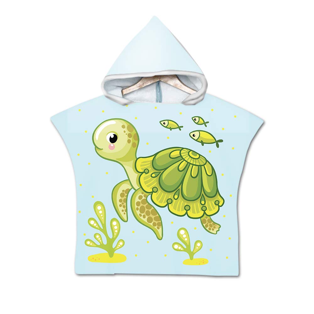 Chickwin Boys Green Turtle Hooded Poncho Towel Kids Baby Luxury Bathrobe Print Light Weight Microfiber, Beach Towel Childs Girls Robe Hooded Swimming Bath Towel Surf Wetsuit Changing (60X80cm,)