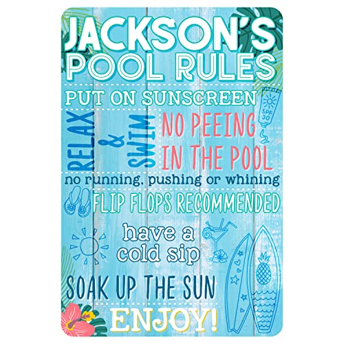 Personalized Pool Sign w/Name - Indoor/Outdoor Metal Sign for Garden, Patio, Hot Tub, Pool Deck | 7 Unique Designs | Customized Gifts for Swimming Pool Owners, Funny Backyard Decorations
