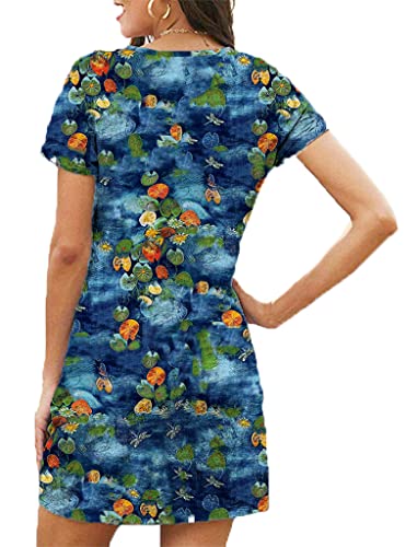 Women's Side Knot V Neck Tie Dye Tunic Dresses Casual Swing Tee Shirt Dress L Blue Dye #TOP1