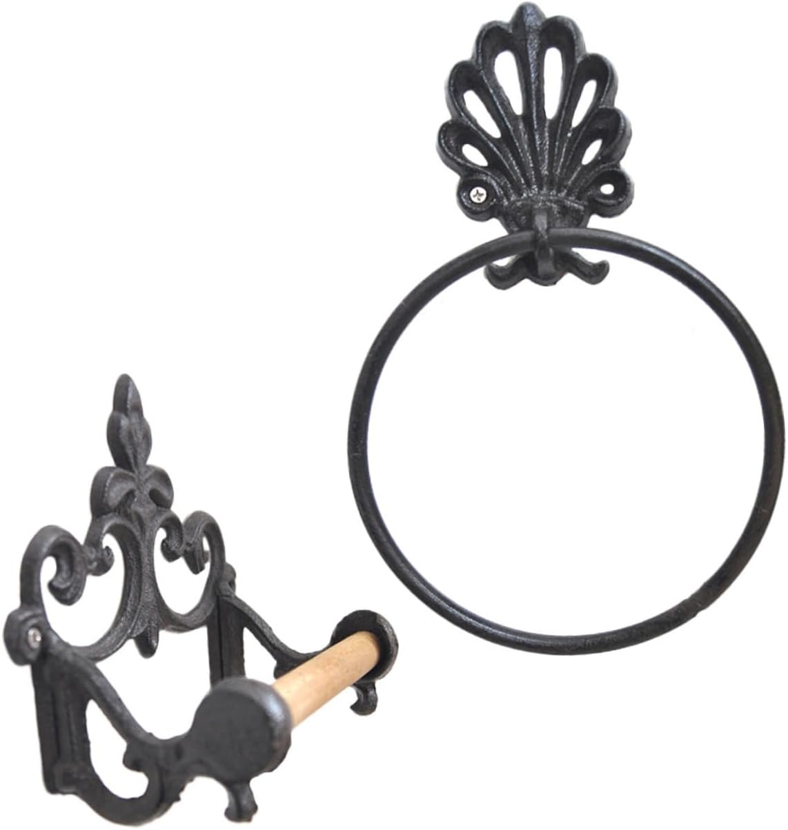 Hemoton 2pcs Black Wrought Iron Towel Hanging Ring and Tissue Rack Space-Saving Bathroom Storage for Towels and Paper Easy Installation Retro Style Home