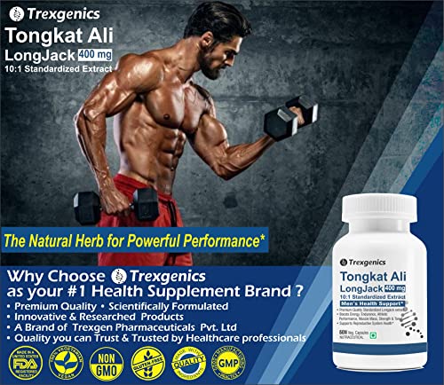Image of Trexgenics TONGKAT ALI LONGJACK 10:1 extract 400 mg Premium Men's Health Energy, Endurance, Athletic Performance Support (60 Veg. Capsules) (Pack of 3)