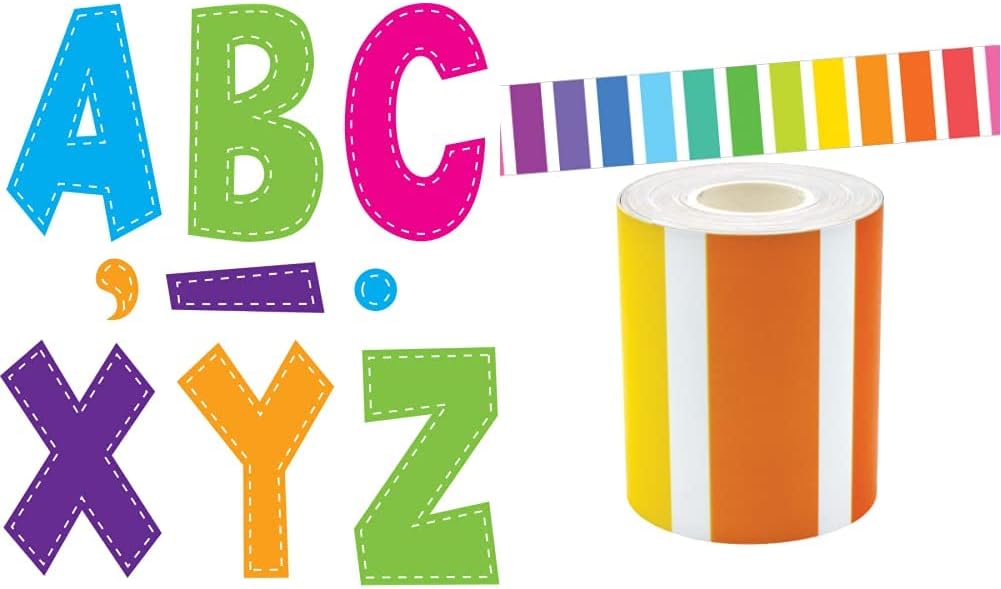 Teacher Created Resources Multi Bright Stitch 7" Fun Font Letters & Colorful Stripes Straight Rolled Border Trim - 50ft