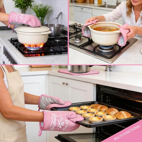 8-Pcs Pink Oven Mitts and Pot Holders Set – Pink Kitchen Accessories, Includes 2 Oven Mitts, 4 Pot Holders, 2 Dish Towels, for Baking, Cooking, Farmhouse, Housewarming, Christmas, Valentine's Day — view 6