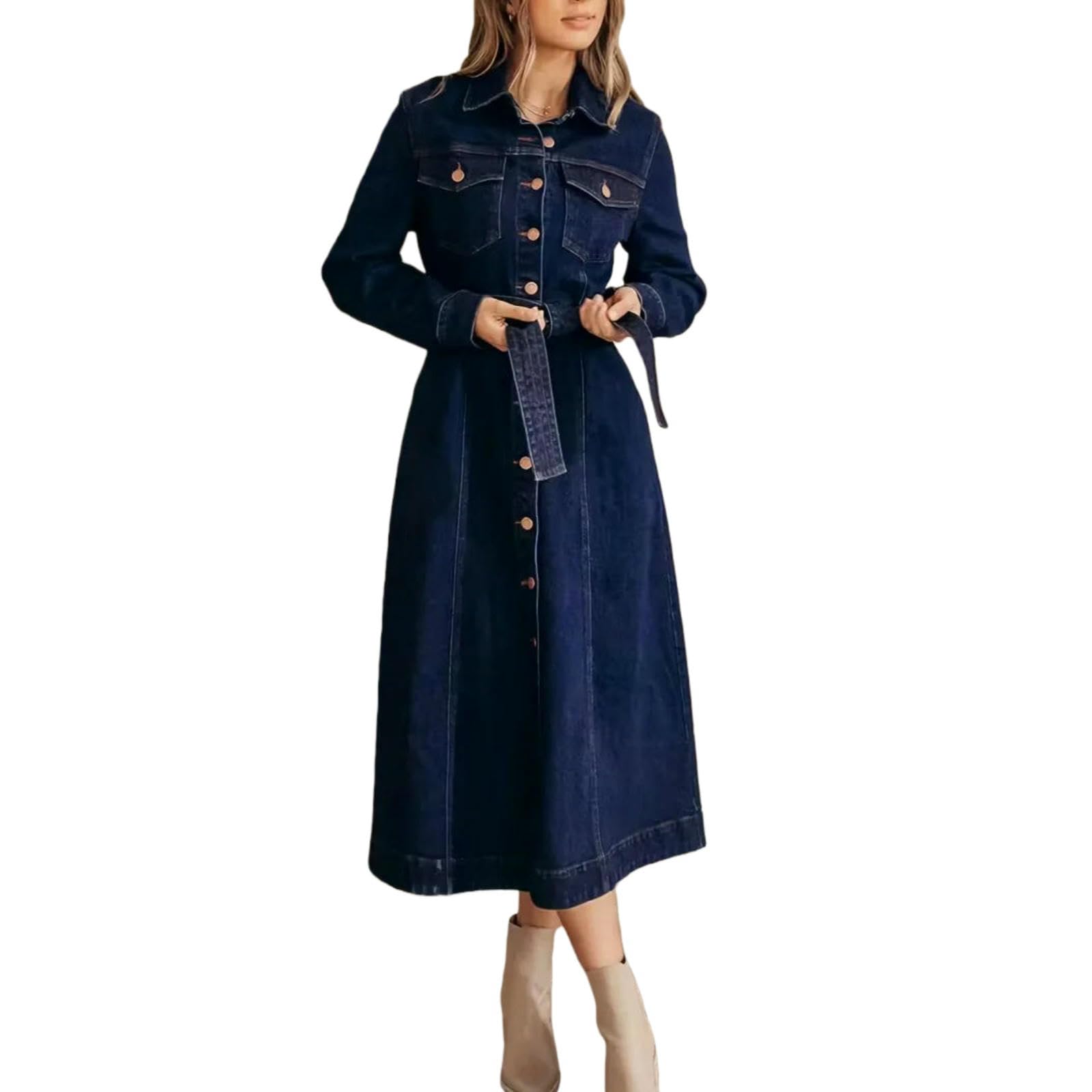 Vestito Elegante Abito da Donna in Denim con Cintura, Manica Lunga Pulsante Anteriore Midi Casual per Ufficio E Giornaliero-nz-008blue-s