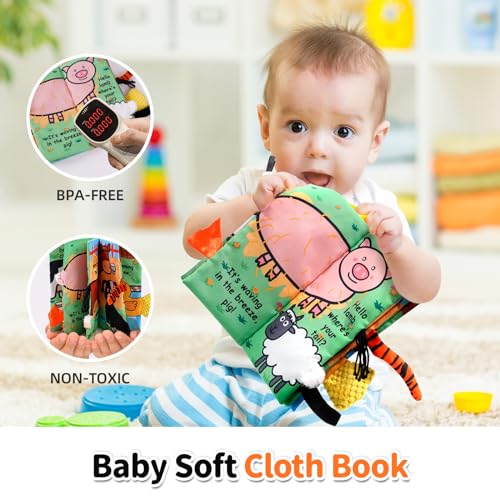 Image of Jollybaby Baby Cloth Books, Touch & Feel Crinkle Soft Books, for Infants Babies, Toddler Early Educational Interactive Stroller Toys, Baby Girl & Boy Gift(Farm Tails)