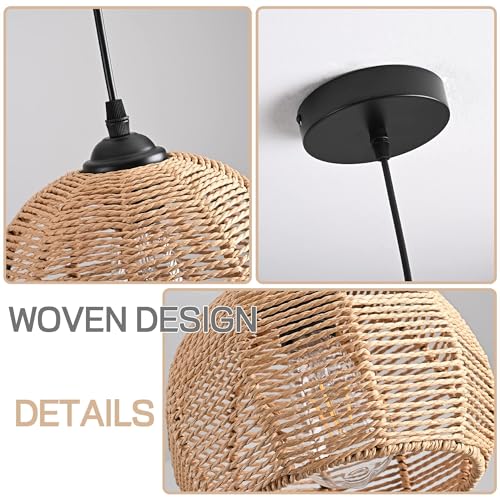 AyshwillDec Mini Hemp Rope Woven Pendant Light Woven Light Fixture Boho Chandelier Light Fixture Wicker Pendant Light Rattan Light Pendant Dome Wicker Chandelier for Bedroom Kitchen Island(Bulb Incl.) - Image 5