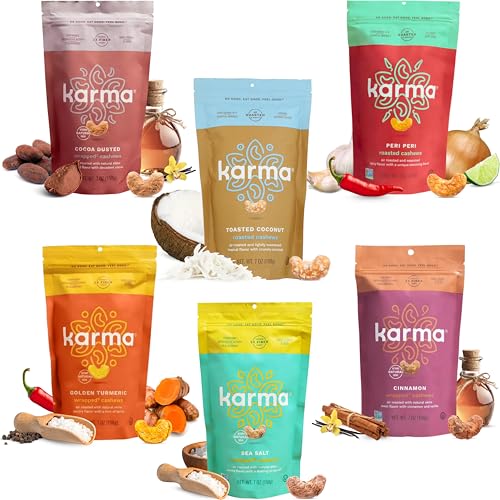 Image of Sample Flavors Variety Pack Cashews by Karma Nuts, Whole, Roasted, Vegan, Non GMO, Gluten Free, Low Carb, Low Calorie, Everyday Nut Snack, 7 Ounce (6 Pouches)