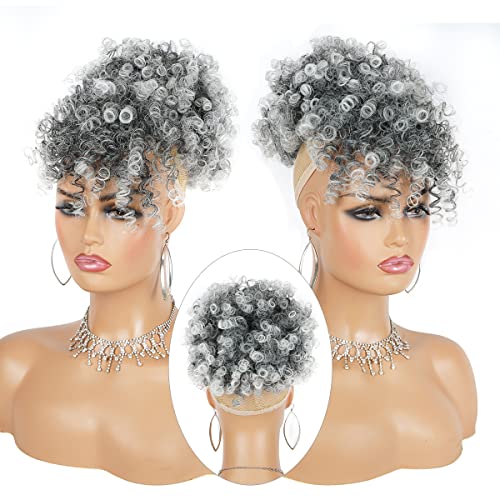 Cetiq Gray Afro Puff Drawstring Ponytail With Curly Hair Pieces Clip In Bangs Short Ponytail Hair Extensions Drawstring Ponytail For Black Women #TOP1