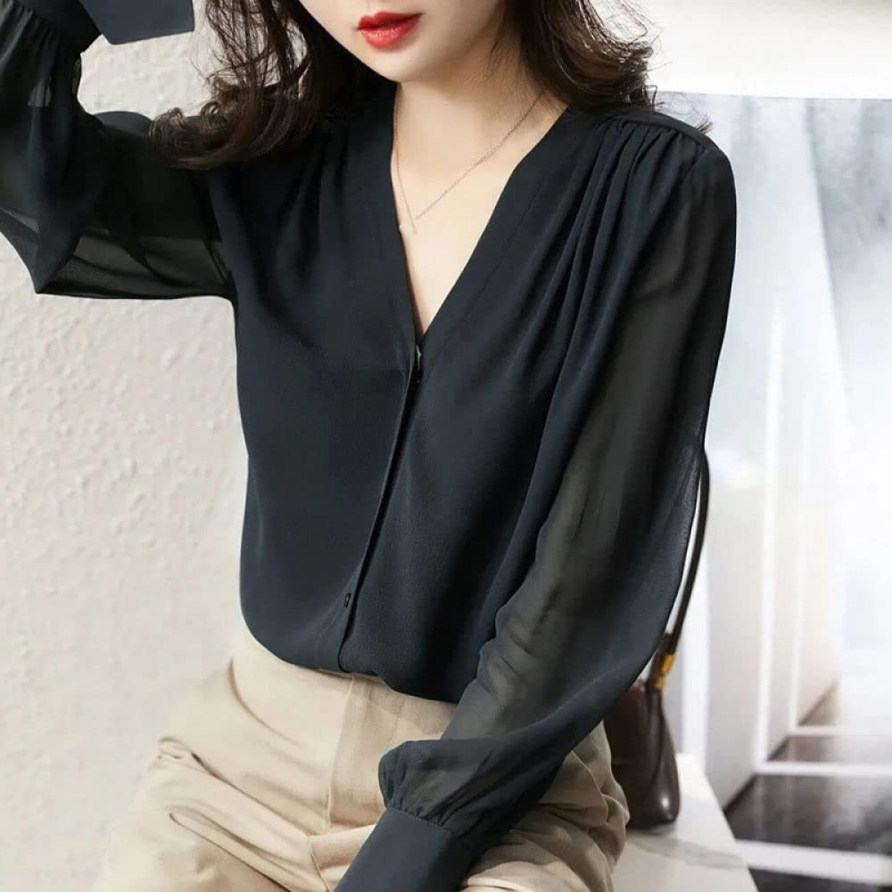 Damen-Hemd Mit Knopfleiste,Damen Satin Seide Bluse Shirt Schwarz V-Ausschnitt Puffärmel Langarm Mode Hemden Business Hemd Mit Knopf Sexy Party Tops Lässige Arbeit Büro Bluse Für Mädchen Damen