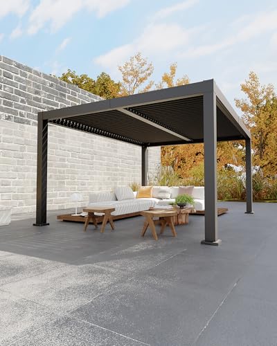 Image of GarveeLife All-Aluminum Louvered Pergola 12 ft x 16 ft, Outdoor Pergola with Adjustable Louvered Roof, Reinforced Aluminum Frame, Integrated Drainage System, Hardtop Gazebo for Patio, Deck, Gray