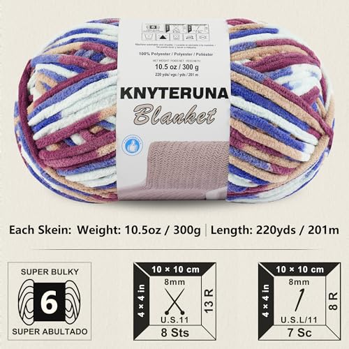 Image of #6 Super Bulky Blanket Yarn for Crocheting - 4 Skeins(Each 10.5oz /300g, 220yds /201m), Chunky Chenille Thick Plush Big Soft Yarn for Crocheting Knitting Blankets, Multi Blue & Red & Khaki