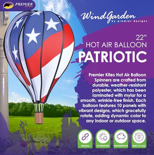 Hot Air Balloon Hanging Garden Spinner 22" - Vibrant Patriotic Design, Weather-Resistant Outdoor Decor, Durable & Lightweight for Patios, Yards, and Gardens - Eye-Catching Wind Spinner by Premier Kites - Image 2