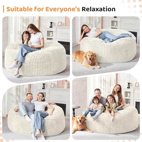 Image of HABUTWAY 4FT Bean Bag Chair, 4' Large Bean Bag Chairs for Adults with Removable Stripe Plush Cover, Memory Foam Beanbag Chair for Living Room Bedroom Dorm (White)