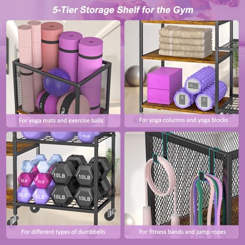 5 Tier Dumbbell Rack, Yoga Mat Storage Rack, Home Gym Storage Rack, Workout Equipment Storage Organizer, Weight Storage Holder Rack with Hooks and Wheels