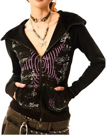 Y2k Vintage Zip Up Hoodies Women Harajuku Hip Hop Star Print Sweatshirts Gothic Streetwear Slim Black Tops Coats