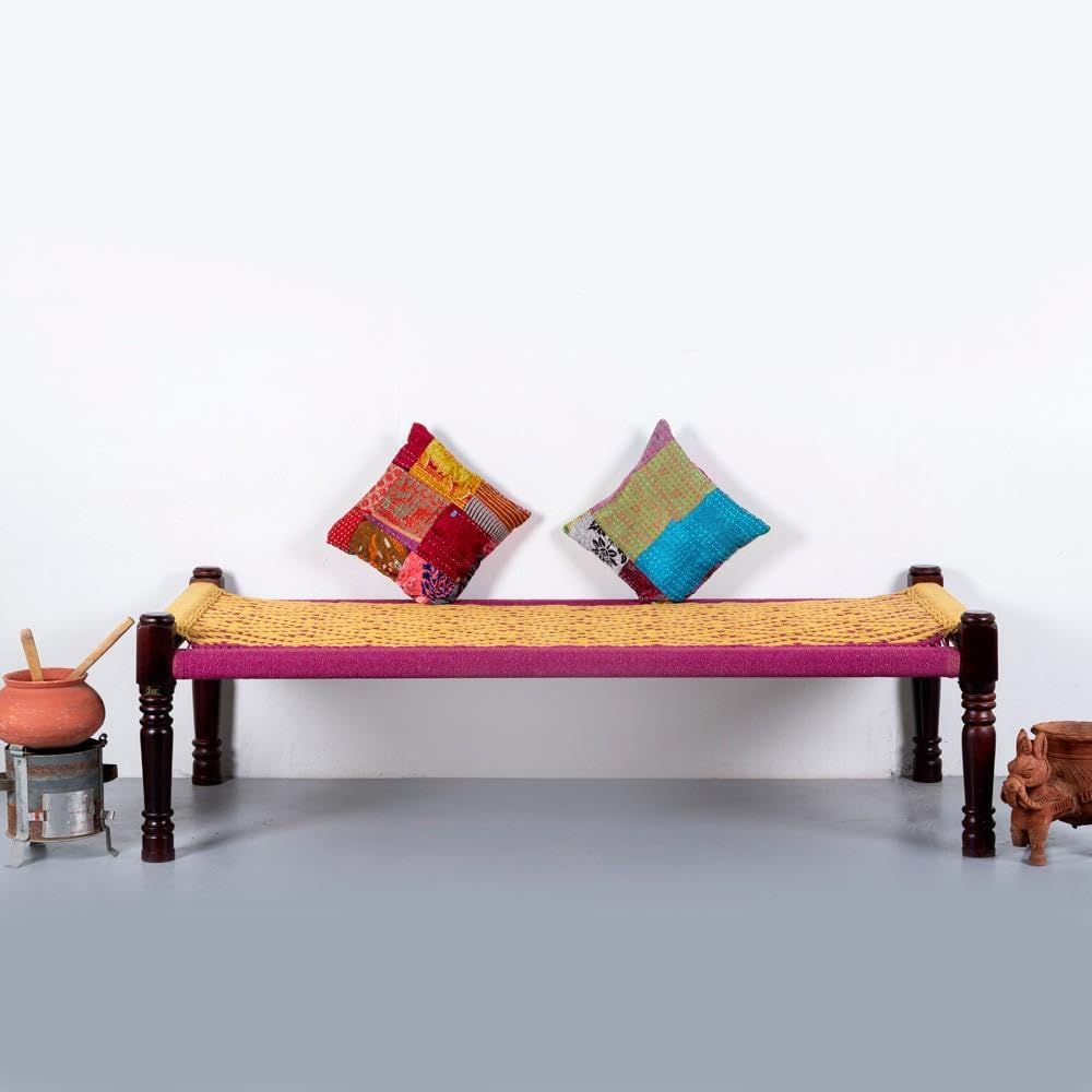 Rajasthani Wooden Khatiya Khaat | Traditional Handcrafted Wooden Charpai Bed | 6x3 Feet | Solid Wood Frame with Durable Cotton Ropes for Home, Garden, or Outdoor Use (Yellow and Pink)