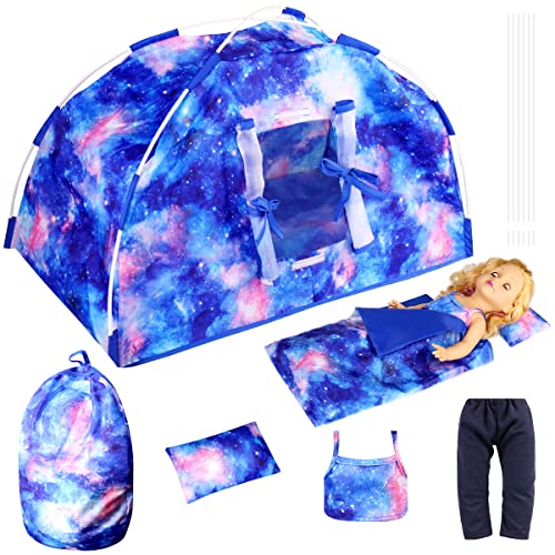WILDPARTY 6 Pcs Girl Doll Camping Tent Set and Accessories for 18 Inch Girl Doll - Including Doll Clothes, Doll Camping Tent, Sleeping Bag, Pillow, Backpack Christmas Birthday Gift