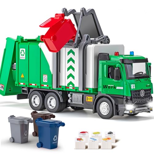 HAPYAD Side Loading Garbage Truck Toys Metal CAB, Trash Truck with Air-Pump Function, Lights & Sounds, Includes 4 Trash Bins, Learning Cards, Birthday Gift for Toddlers Kids 12