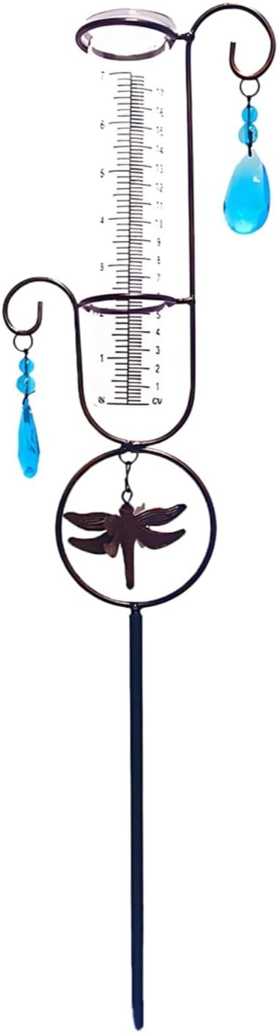 Outdoor Decorative Rain Gauge, Dragonfly Motif, Garden Yard Decoration, 7 in Plastic Cylinder, Heavy-Duty Metal Stand